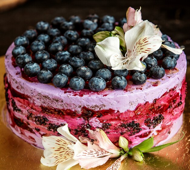 tarta de chocolate con arándanos y crema