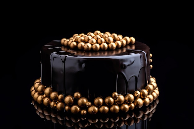 Tarta de chocolate negro decorada con bolas doradas sobre fondo negro Ai generativo