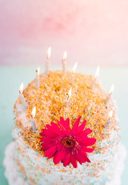 Tarta de cumpleaños delante de fondo de de acuarela