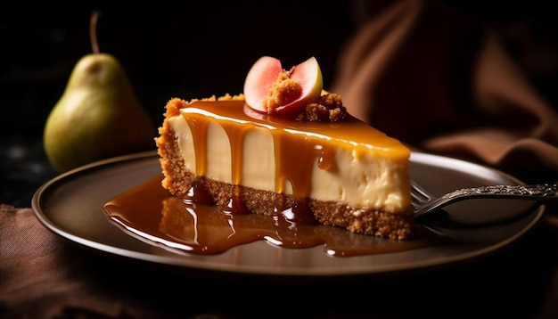 Tarta dulce y tarta de queso en un plato elegante generado por IA