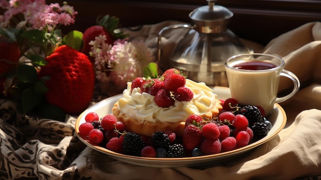 Foto gratuita tarta de fresa adornada con bayas servida en una cama