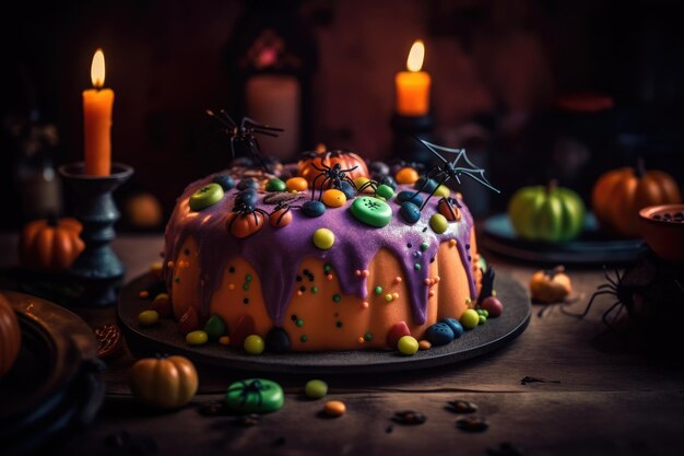 Tarta de halloween naranja con crema morada decorada con arañas sobre una madera rústica y fondo oscuro con velas Ai generativo