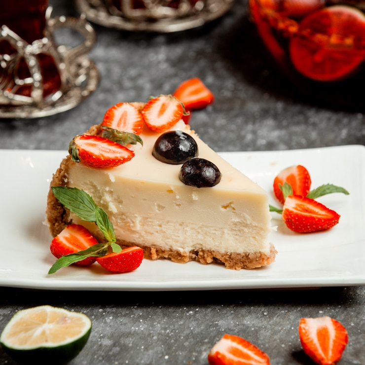 Foto gratuito tarta de queso clásica con rodajas de fresa y cereza