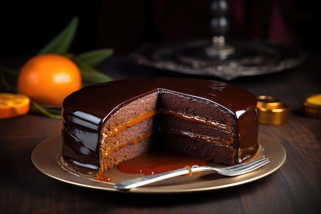 Tarta Sacher de chocolate con mermelada de albaricoque sobre mesa de madera Postre tradicional austriaco Ai generativo