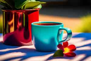 Foto gratuita una taza azul con una flor roja está sobre una mesa con una olla roja que dice 