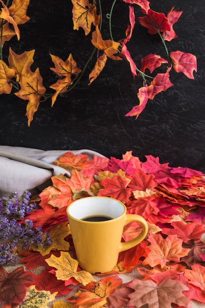 Taza con bebida en hojas de otoño