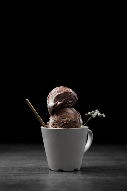 Taza con bolas de helado de chocolate