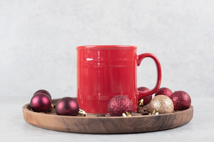 Foto gratuito taza de café con adornos navideños en placa de madera