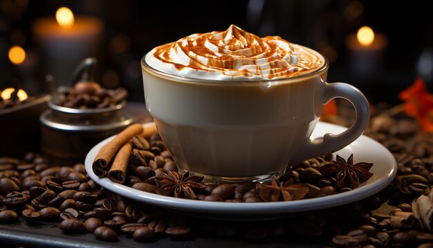 Foto gratuita taza de café caliente en una mesa de madera con espuma de leche espumosa generada por inteligencia artificial