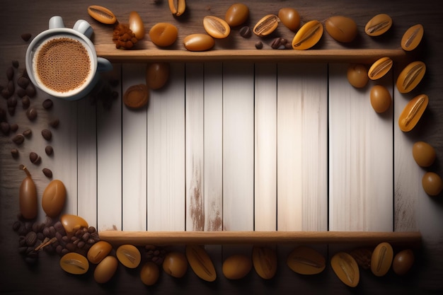 Una taza de café y granos de café en una bandeja de madera.