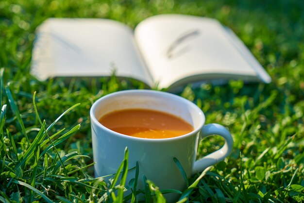 Taza de café con un libro abierto al lado sobre el césped