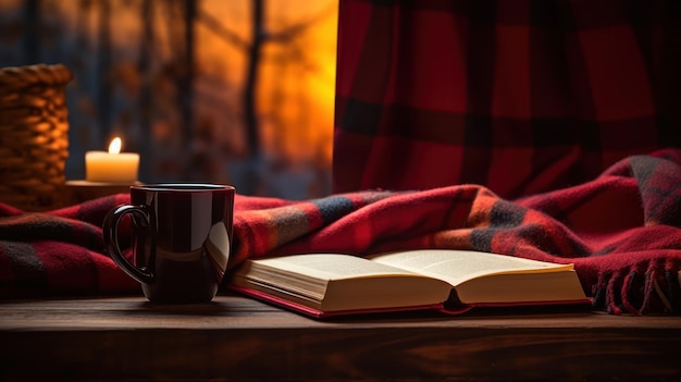 Foto gratuita una taza de café y un libro con una manta acogedora en una habitación vacía