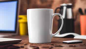 Foto gratuita taza de café en la oficina de la mesa de madera bodegón generado por ia