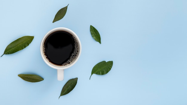 Taza de café plana y hojas con espacio de copia