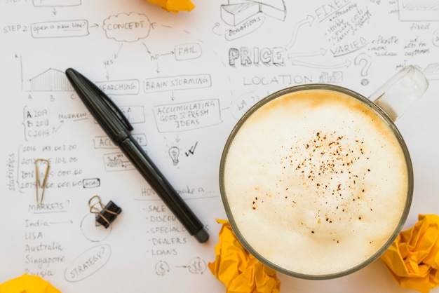 Taza de café con la pluma en la hoja de papel de lluvia de ideas