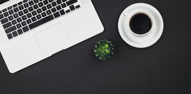 Foto gratuita taza de café portátil y planta de oficina en la vista superior de fondo negro