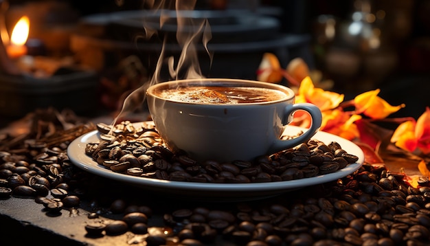 Foto gratuita taza de café recién hecho sobre una mesa de madera con vapor que aumenta el atractivo aroma generado por la inteligencia artificial