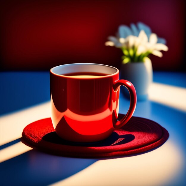 Una taza de café roja se sienta en una mesa con un jarrón de flores en el fondo.