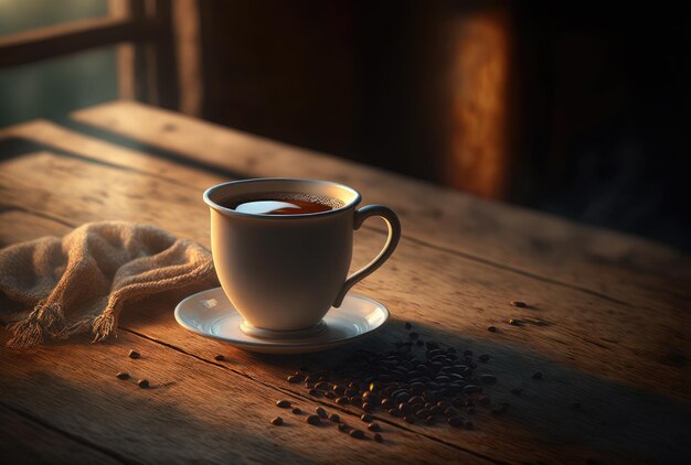 Una taza de café se sienta en una mesa con una bufanda que dice 'café'