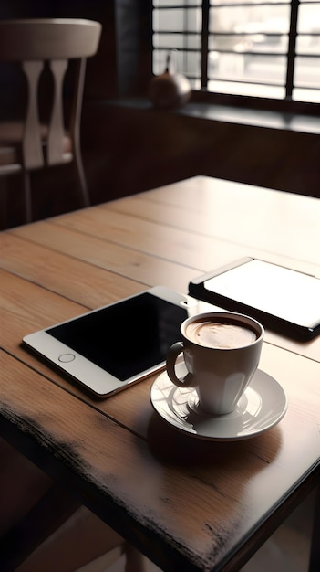 Foto gratuita una taza de café y una tableta en una mesa de madera en un café de cerca