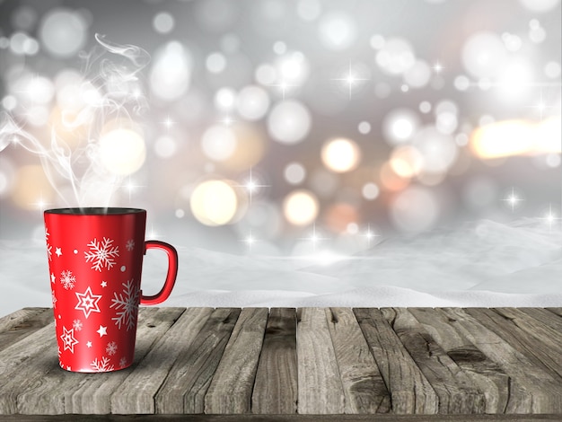 Taza humeante de navidad contra un fondo bokeh