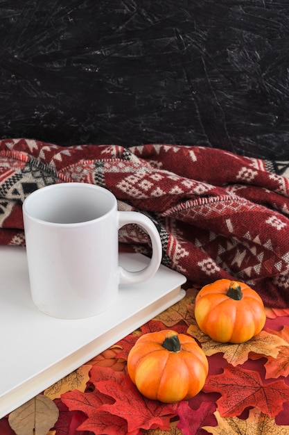 Taza y libro cerca de calabazas y manta en hojas