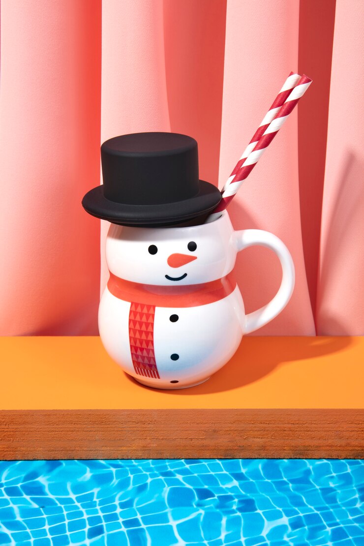 Foto gratuito taza de muñeco de nieve de alto ángulo en la piscina