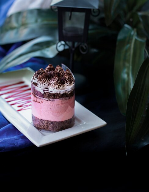 Taza de pastel con crema batida blanca y rosa dentro del plato blanco.