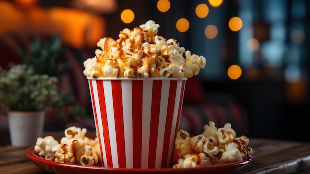 Foto gratuita la taza a rayas se desborda de palomitas de maíz esponjosas contra un telón de fondo rojo vibrante perfecto para una noche de cine