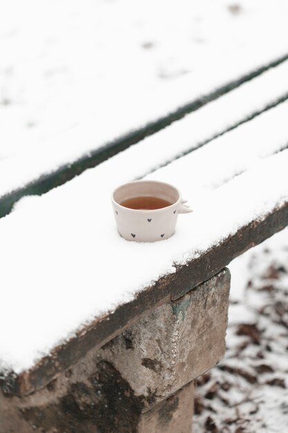 Taza de té al aire libre en la alta vista de invierno