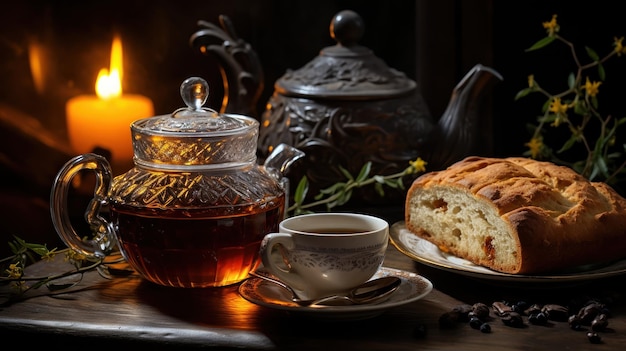 Foto gratuita una taza de té caliente cerca contribuye a un ambiente cálido y acogedor