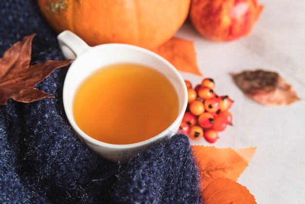 Taza con té cerca de bufanda tejida y bayas