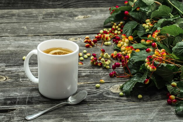 la taza de té en un hermoso suéter de invierno de madera, bayas, otoño