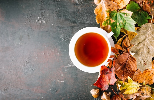 Taza de té y pila de hojas