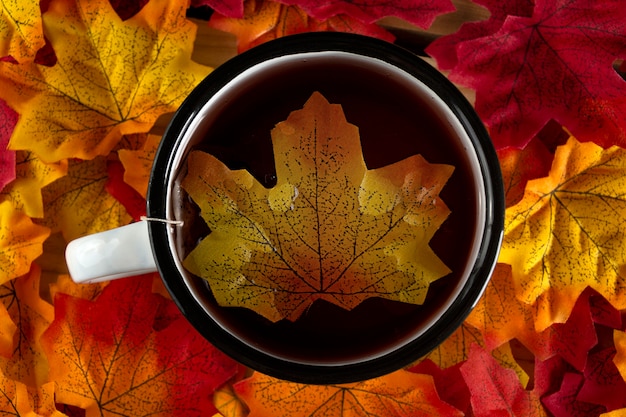 Taza de té rojo sobre hojas otoñales