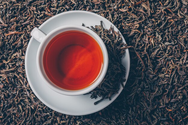 taza de té sobre un fondo de hierbas de té. vista superior.