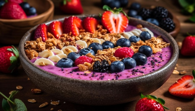 Foto gratuita tazón de bayas frescas con granola y yogur generado por ia