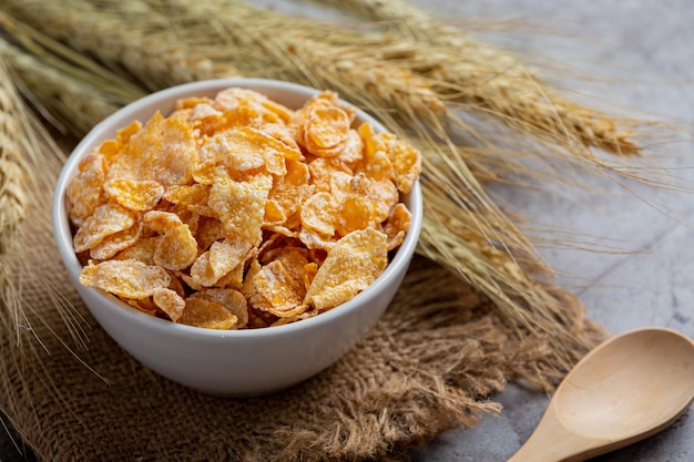 En un tazón de cereales y leche sobre fondo oscuro