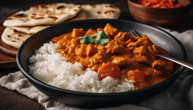 Tazón de curry gourmet con arroz Basmati recién cocinado generado por IA