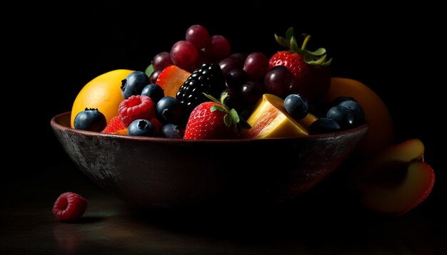 Tazón de frutas de bayas frescas, un refrigerio gourmet saludable generado por IA