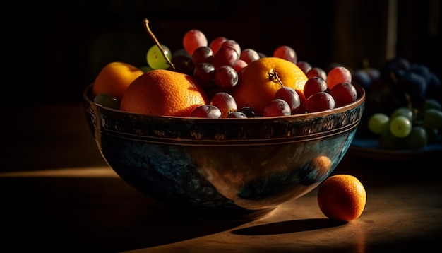 Tazón de frutas frescas en una mesa de madera rústica generado por IA