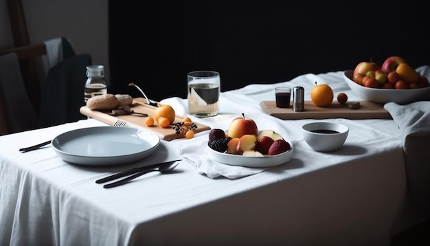 Tazón de frutas frescas y saludables en una mesa de madera moderna generada por IA