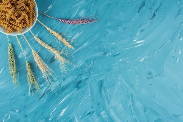 Tazón de fuente blanco de pasta fusilli seca con espigas de trigo sobre fondo azul.
