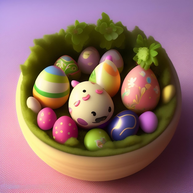 Foto gratuita un tazón de huevos de pascua con un gatito hello kitty.