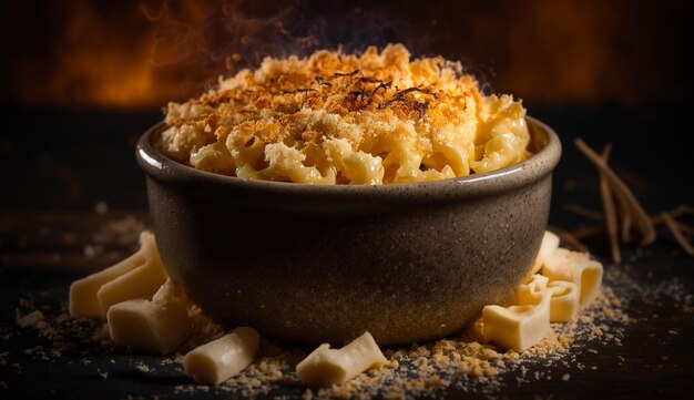 Un tazón de macarrones con queso con un humo ahumado en la parte superior.