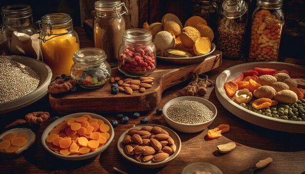 Tazón de refrigerio de frutas orgánicas frescas y nueces generado por IA