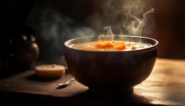 Tazón de sopa caliente humeante en la mesa generado por IA