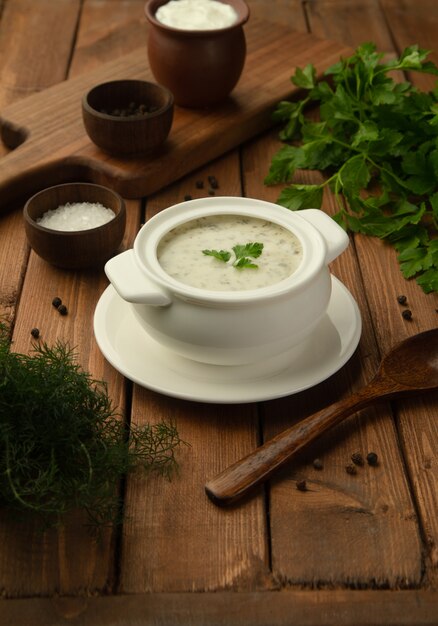 Tazón de sopa de yogur dovga azerbaiyano con hierbas