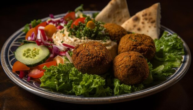 Foto gratuita tazón de verduras gourmet saludable con falafel y hummus generado por ia