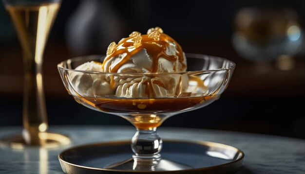 Foto gratuita un tazón de vidrio de helado de caramelo con salsa de caramelo encima.